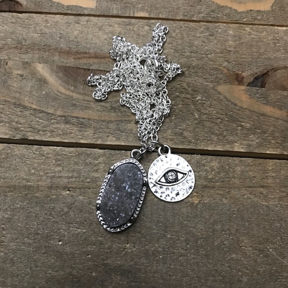 handmade Jewelry - Handmade Natural Gray Druzzy Evil Eye Necklace